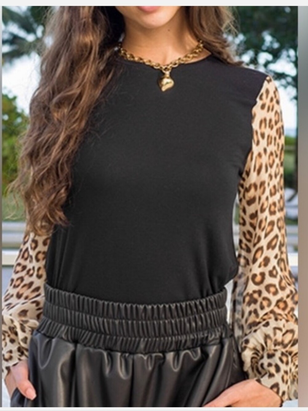 Generation Love Noelle Black Silk + Knit Blouse + Leopard-Print Ruffle Sleeves